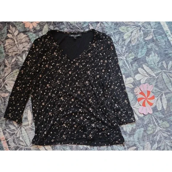 Briggs New York Women's Black Beige Floral Knit V-Neck 3/4 Sleeve Blouse L - Picture 1 of 2
